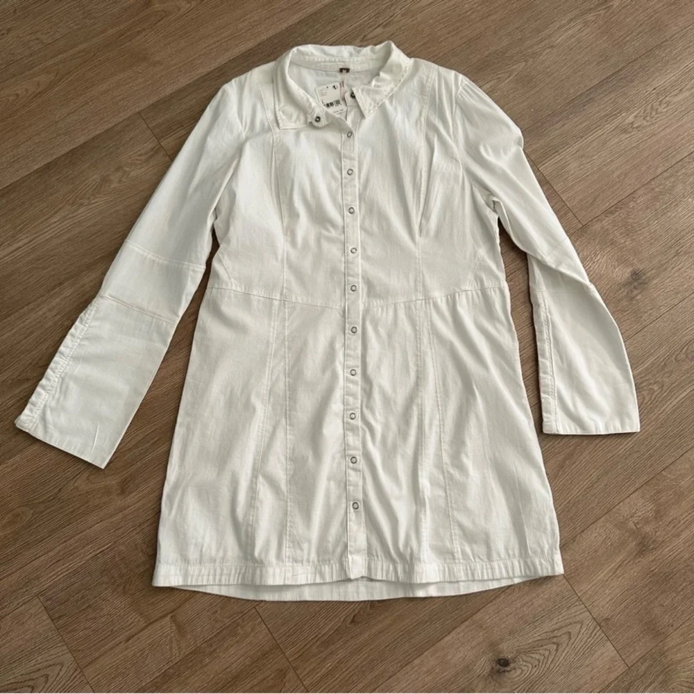 NWT FREE PEOPLE Thea Mini Dress White Button-down Long‎ Sleeve Size Large